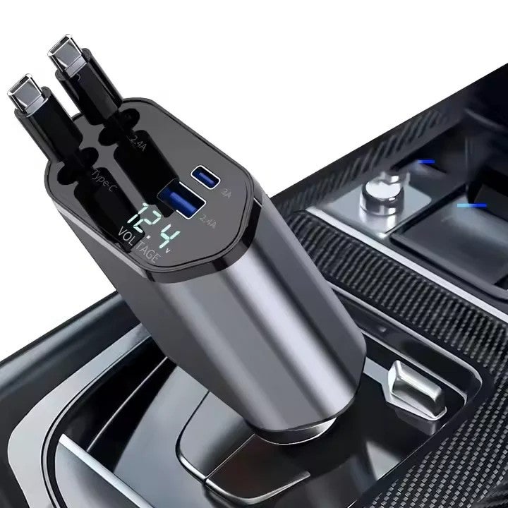 Y&D 4-in-1 Retractable Car Charger Adapter - 60W Super Fast Charging, USB Type-C & USB-A Ports, LED Display - Automobile Charger Power Supply - Image 2